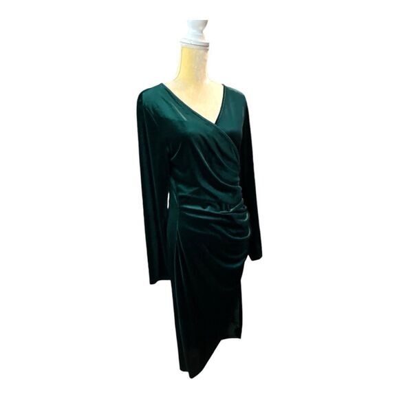 Emerald Velvet Dress Large Cocktail Holiday Elegant Elevated Old Money Stretch - Picture 4 of 16
